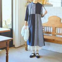 先染純棉水洗加工素色拼接格紋長版洋裝 衣長115cm cloudnine｜先染めコットン布帛 無地×チェック柄 切替コンビワンピース