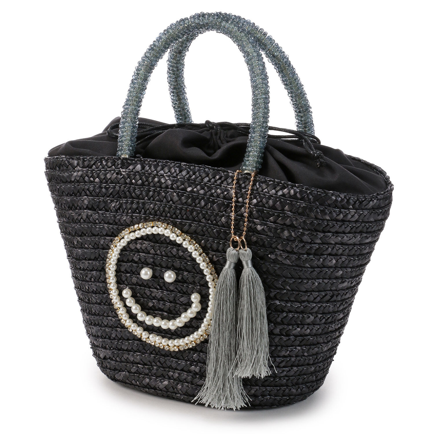 COOCO SMILEY 珍珠刺繡珠鍊提把藤編籃包｜精緻飾品・日本直送