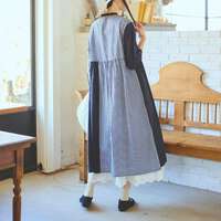 先染純棉水洗加工素色拼接格紋長版洋裝 衣長115cm cloudnine｜先染めコットン布帛 無地×チェック柄 切替コンビワンピース