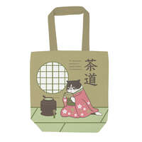 マツネコ 茶道圖案帆布托特包 天拉鍊 A4可放 36×38cm｜トートバッグ マツネコ茶道