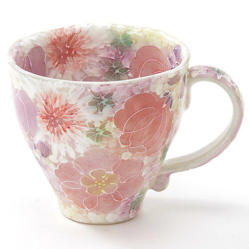 瀨戶燒手繪花卉馬克杯 粉白花朵滿版 一珍技法 日本製|薄紅色絵花 マグ