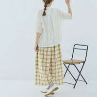 提花格紋點點印花打褶喇叭褲 九分褲長腰圍64〜77cm cloudnine｜ジャガードチェック×ドットpt9分丈 タック入りフレアパンツ