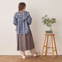 純棉格紋連帽短版前開襯衫 前後不對稱下擺 胸圍132cm cloudnine｜コットンチェック柄アソートフード付きブラウス