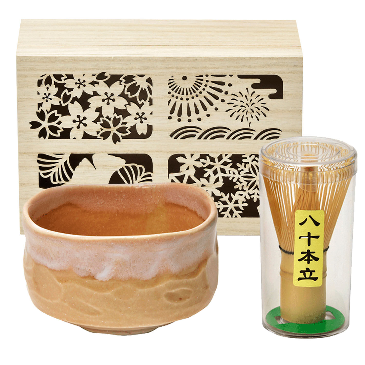四季庵 花櫻 美濃燒抹茶碗+80本立茶筅 木盒禮盒組 窯變釉|四季庵シリーズ 抹茶椀セット木箱入り 花桜