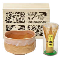 四季庵 花櫻 美濃燒抹茶碗＋80本立茶筅 木盒禮盒組 窯變釉｜四季庵シリーズ 抹茶椀セット木箱入り 花桜