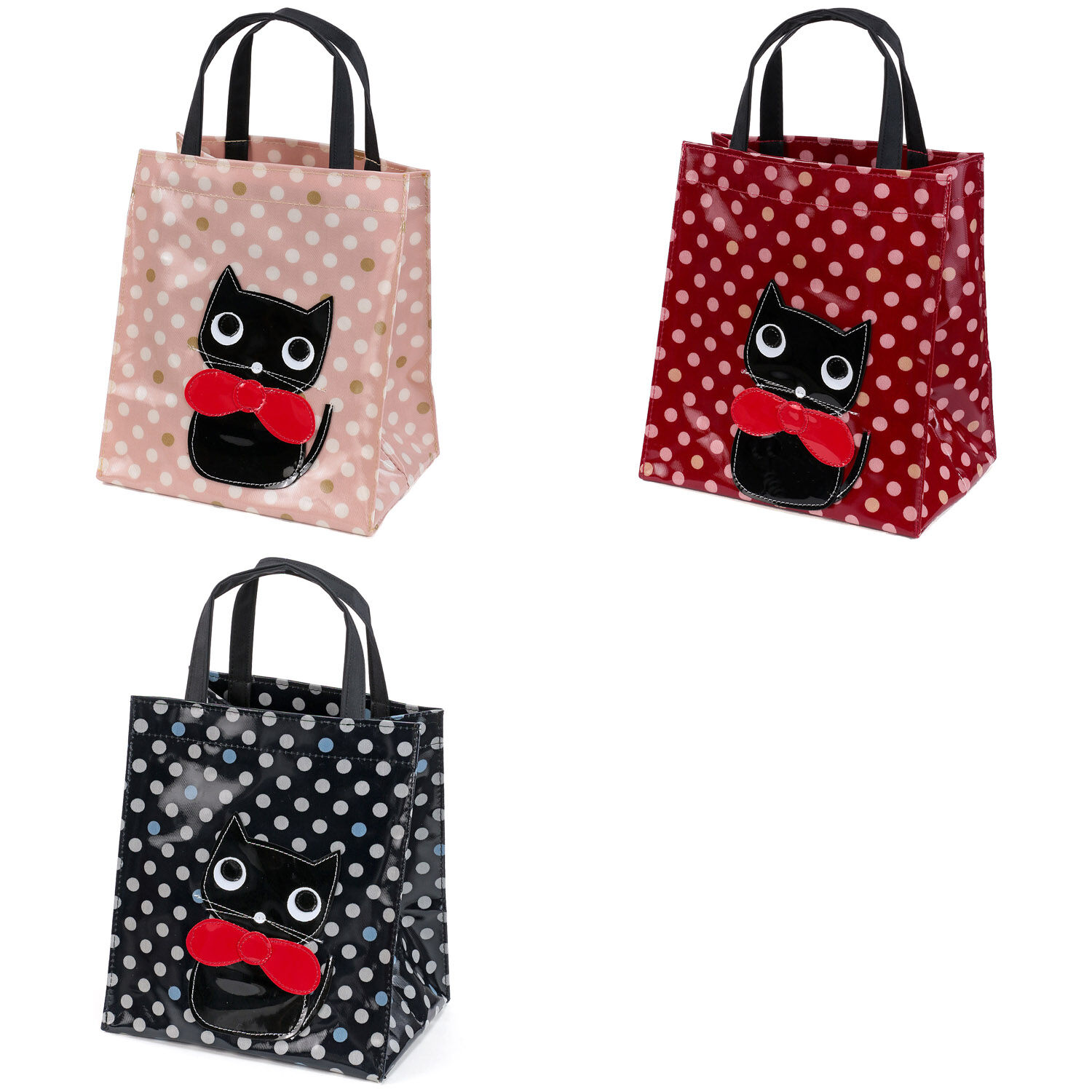 蝴蝶結貓咪 點點便當提袋 23×20×13cm PVC塗層 日本製｜リボン猫ドット柄サイドバッグ
