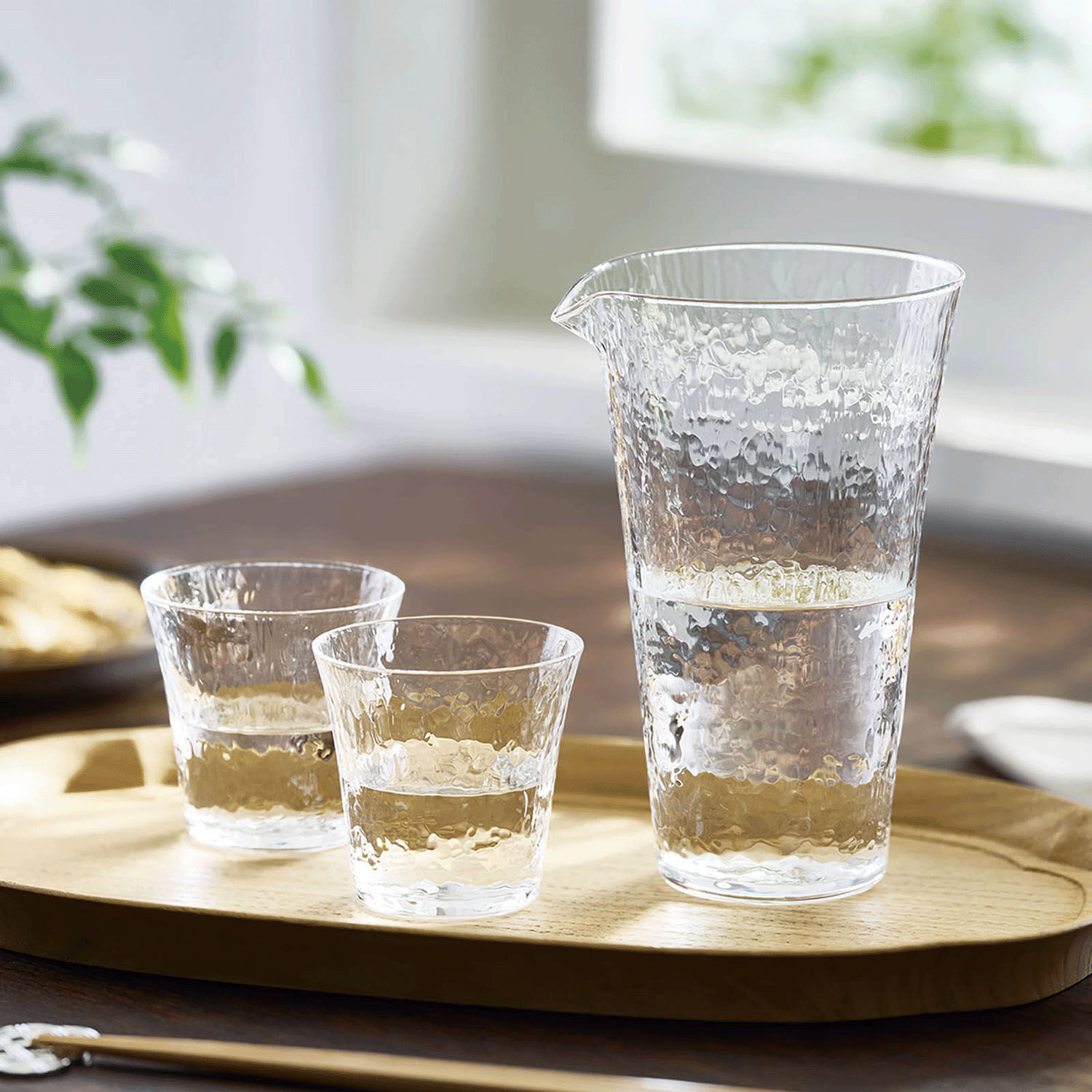 薄口玻璃冷酒器組 片口380ml+酒杯95ml 附木盒 日本製|薄づくり冷酒セット