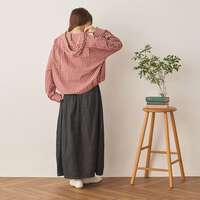 純棉格紋連帽短版前開襯衫 前後不對稱下擺 胸圍132cm cloudnine｜コットンチェック柄アソートフード付きブラウス