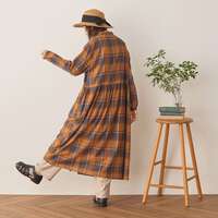 秋色純棉多臂織格紋腰間抽褶前開襯衫洋裝 衣長120cm cloudnine｜コットンドビーチェック柄 前開きワンピース