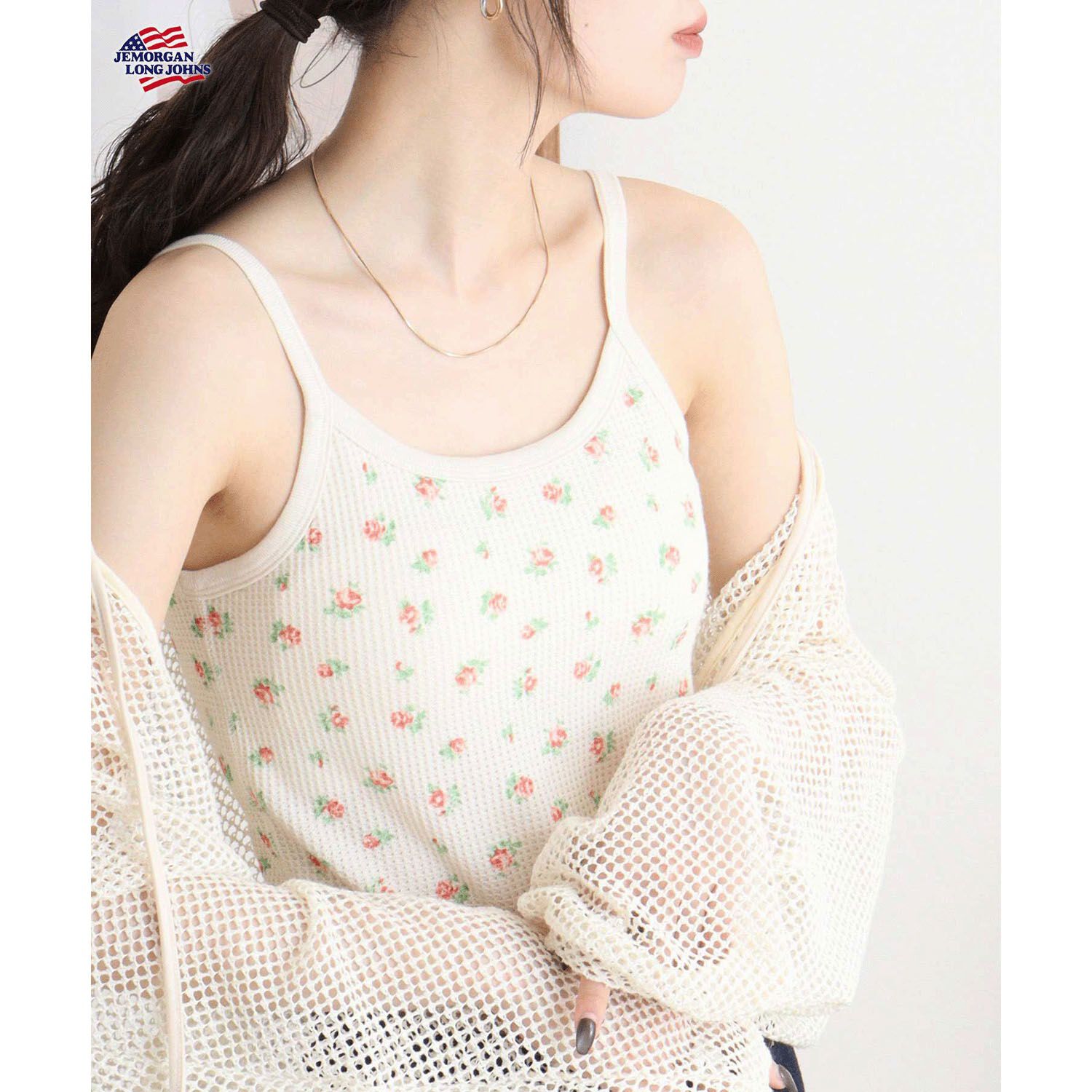 JEMORGAN 花卉印花附杯墊短版吊帶衫 華夫格素材 FREE SIZE