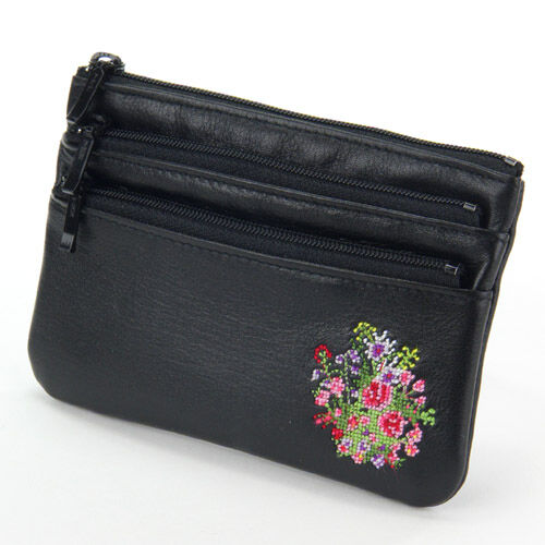 夢詩集 野花刺繡牛皮三層拉鍊包 9.5×13.5cm 日本製 6色｜【日本製】夢詩集 3段ファスナーポーチ