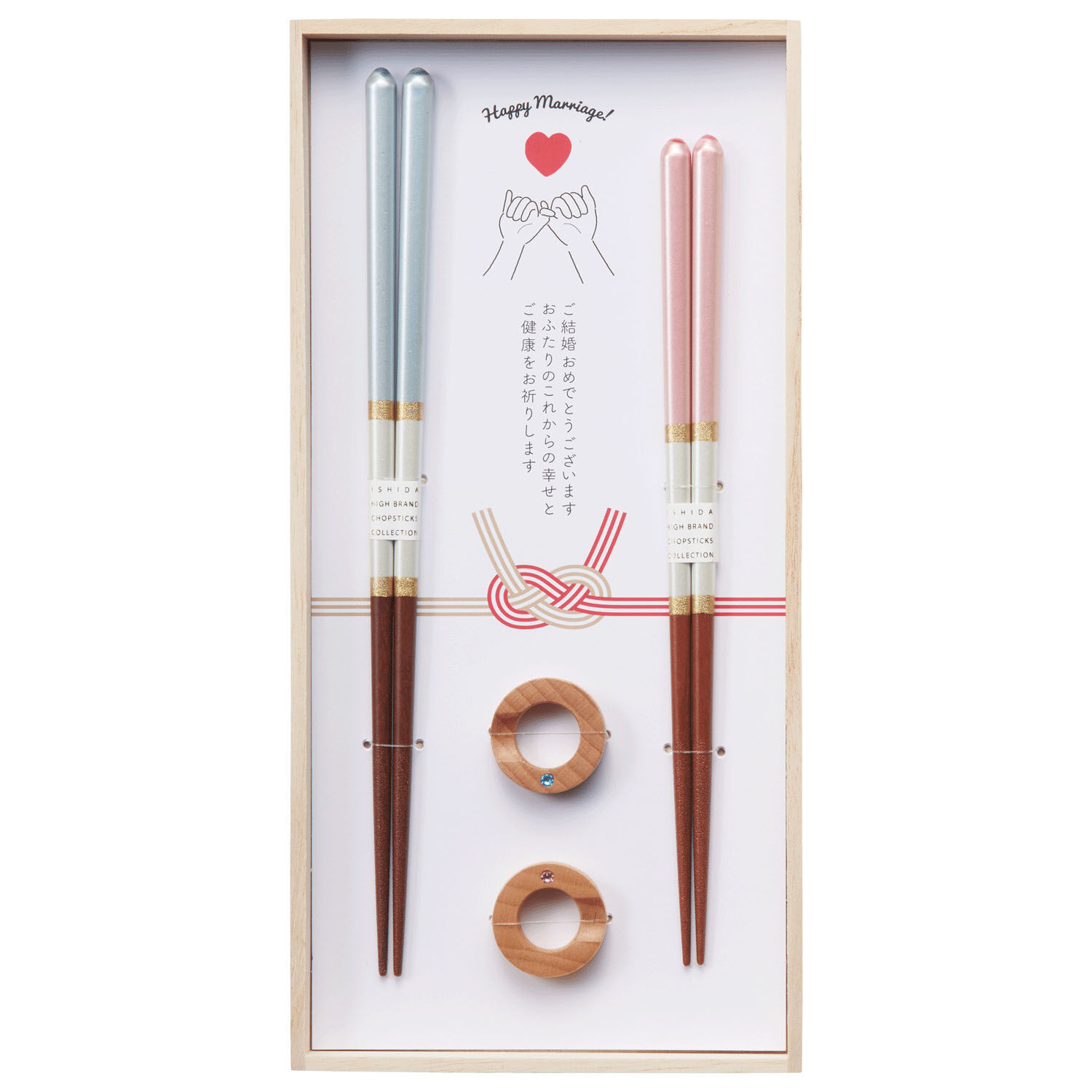 日本製結婚對筷禮盒 珍珠光澤筷＋婚戒造型筷架 桐木盒｜桐箱箸置付 シャンパンペア