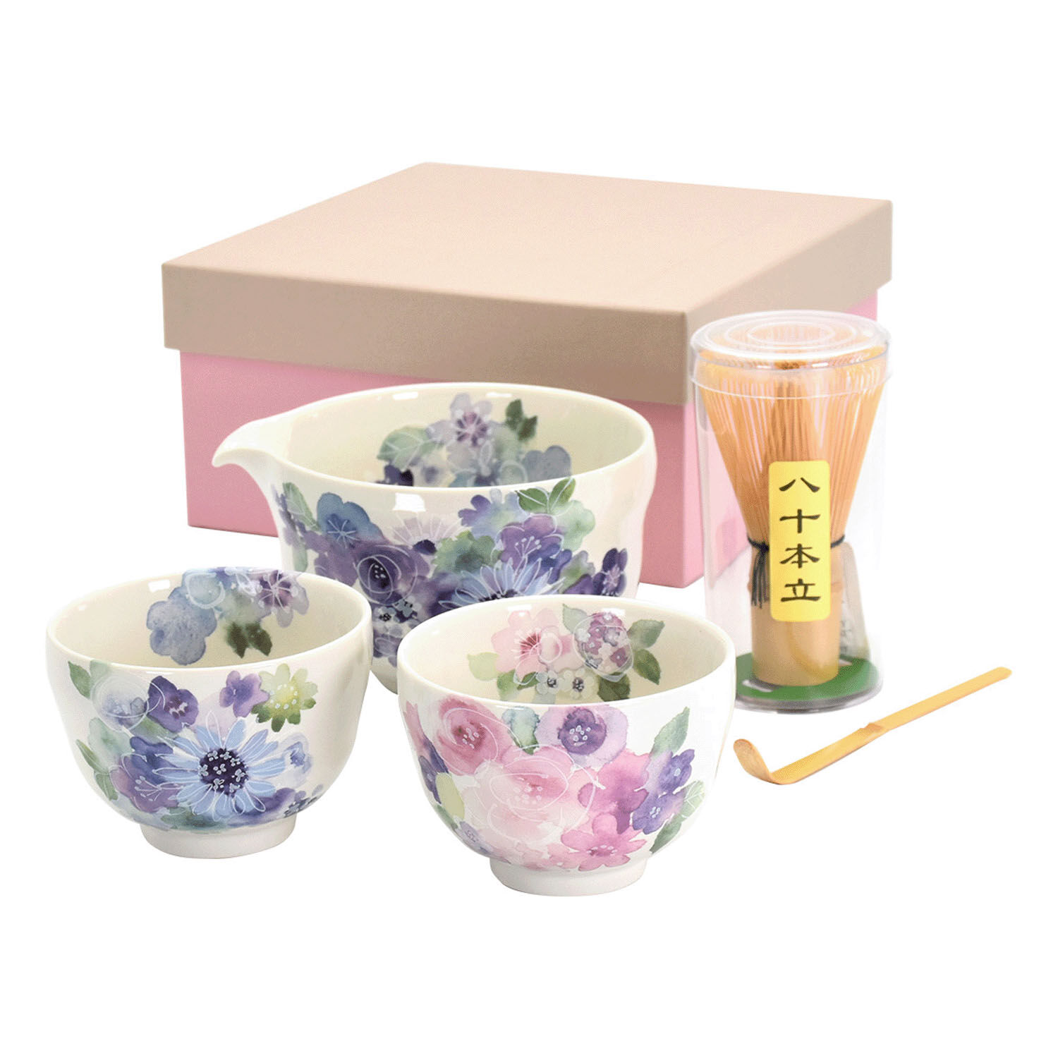片口抹茶碗組 花工房款 季節花卉彩繪 附茶筅茶匙 盒裝|片口抹茶セット 花工房