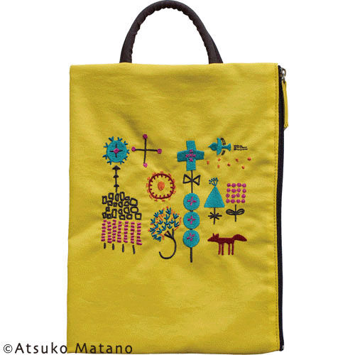 小森林刺繡 直式扁收納包 拉鍊 黃色【ATSUKO MATANO】|ATSUKO MATANO 刺繍フラットポーチ小さな森(イエロー)