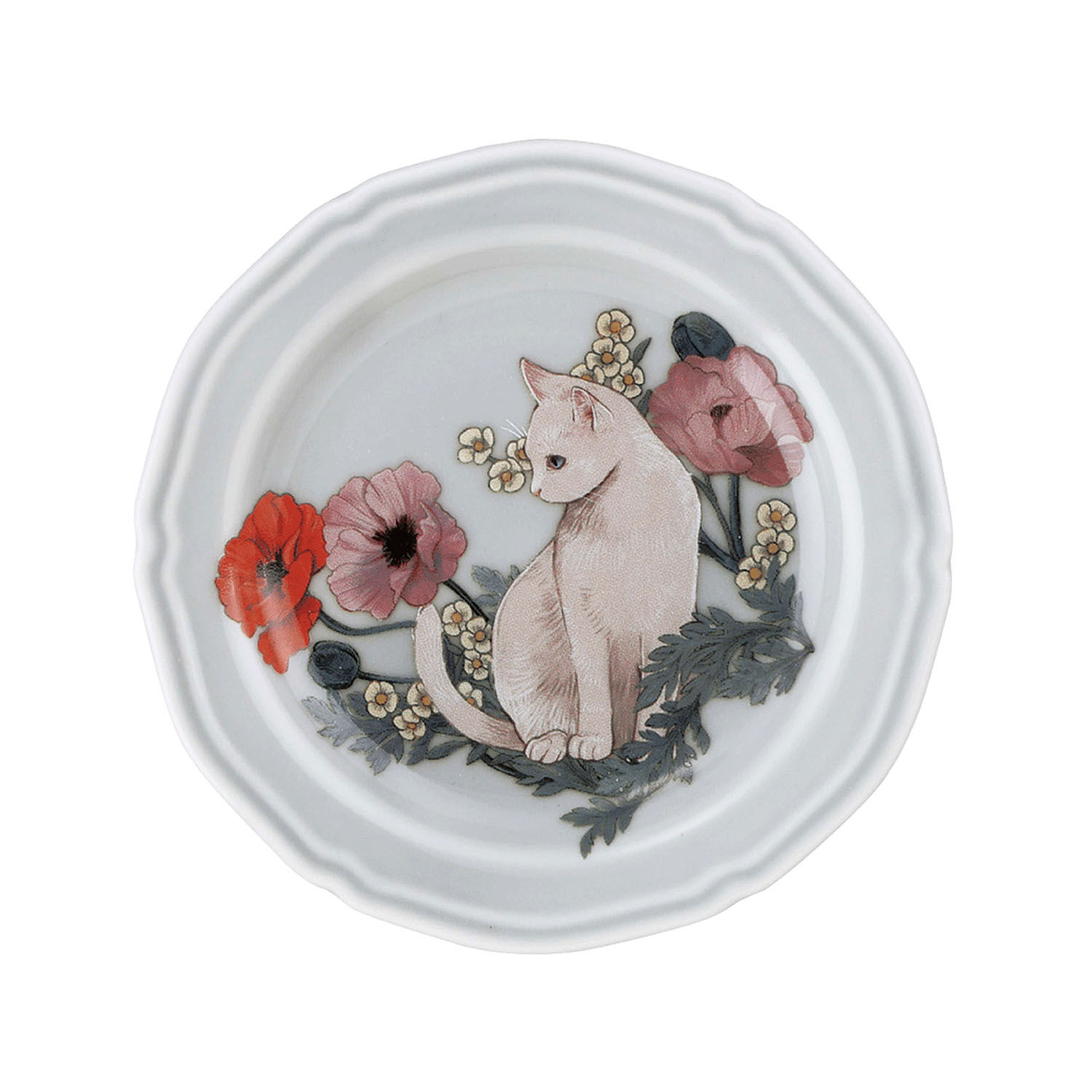 日本製貓咪花卉小碟 古典風插畫瓷盤 賓士貓／白貓 10.5cm｜キャットポピア アンティークプレート