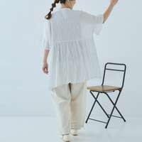 純棉紗布條紋皺褶加工前開襟五分袖長版上衣 衣長66cm cloudnine｜綿ガーゼ ストライプクリンクル加工前開き5分袖チュニック