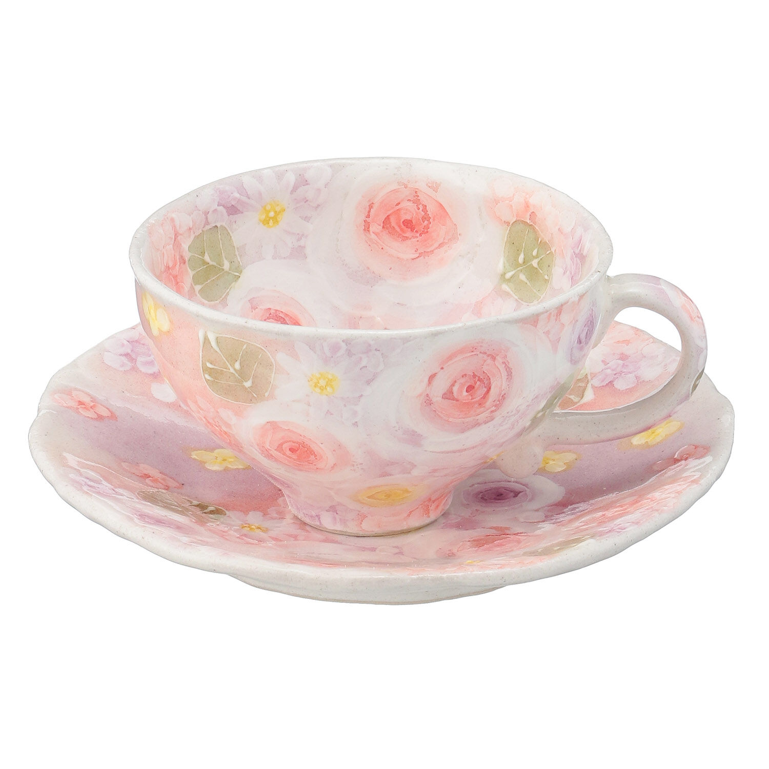 瀨戶燒手繪花卉咖啡杯盤組 彩色玫瑰 杯10cm碟16cm｜色彩ばら珈琲碗皿