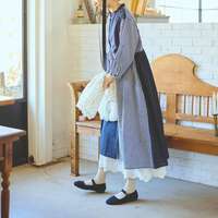 先染純棉水洗加工素色拼接格紋長版洋裝 衣長115cm cloudnine｜先染めコットン布帛 無地×チェック柄 切替コンビワンピース