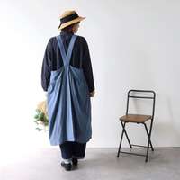 純棉先染雙層紗布抓褶套頭前後不對稱圍裙 前長100cm cloudnine｜ダブルガーゼギャザーエプロン