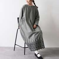 棉麻梭織下擺扇貝形片狀刺繡長版洋裝 衣長122cm cloudnine｜布帛綿麻＋裾パネル刺繍ワンピース