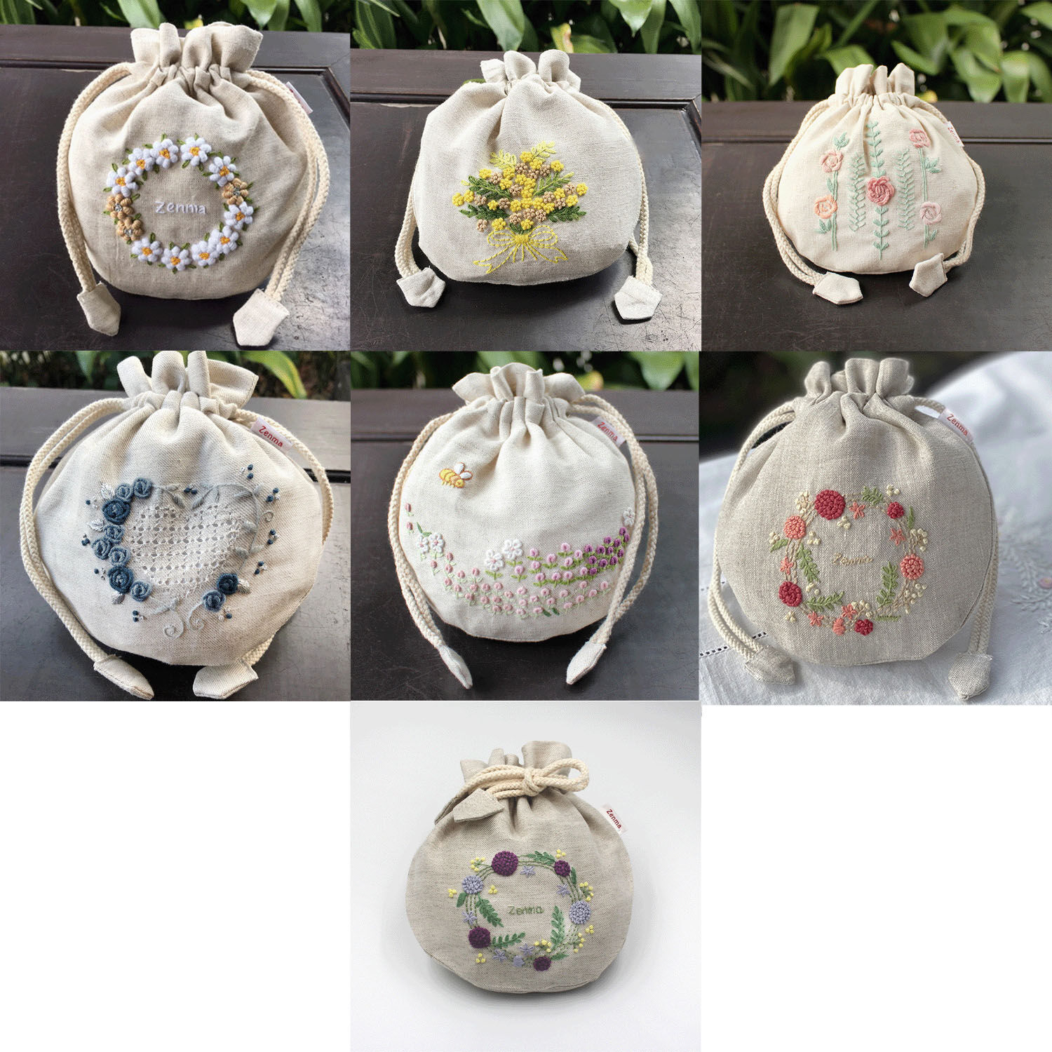 手刺繡方形收納包 16×16cm 麻 7款圖案【Zenma】｜Vyポーチ