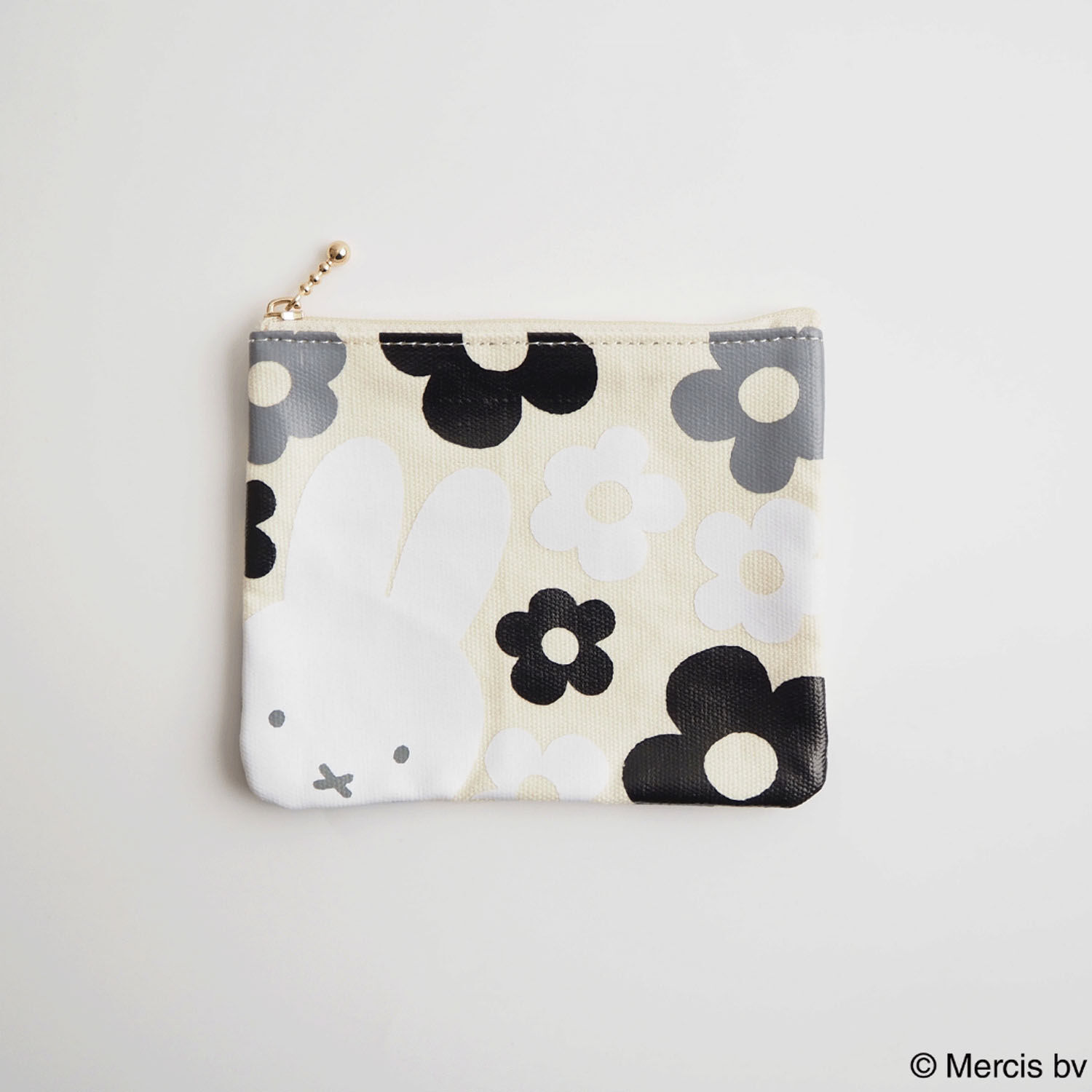 Miffy 米飛兔 大花朵扁平小收納包 14×11cm 象牙白｜ミッフィー MIFFY BIG FLOWER ミニフラットポーチ アイボリー
