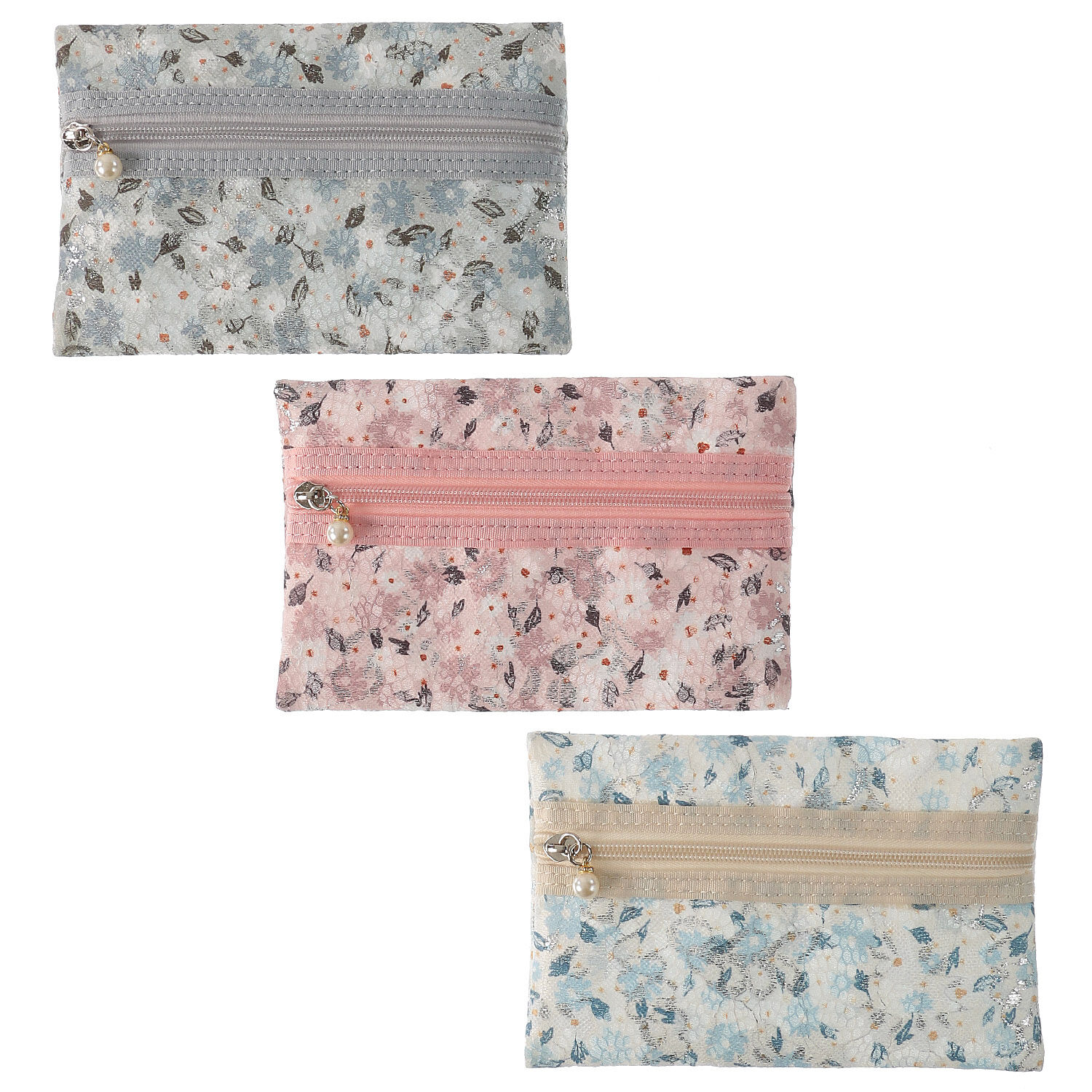 花朵蕾絲網眼收納包3件組 大中小 L 31×22.5cm 3色｜メッシュ花柄3Pポーチ