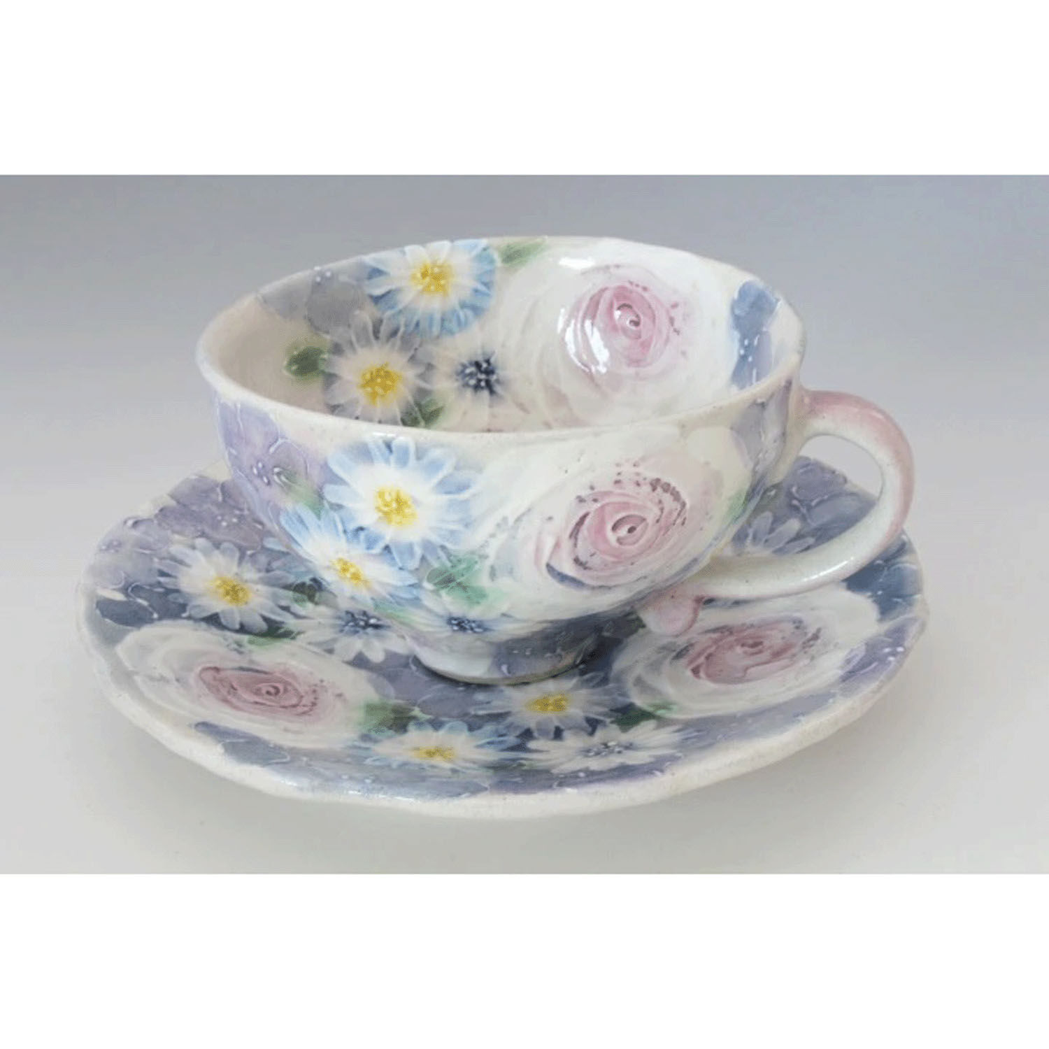 瀨戶燒手繪花卉咖啡杯盤組 青彩玫瑰 杯10cm碟16cm|青彩ローズ珈琲碗皿