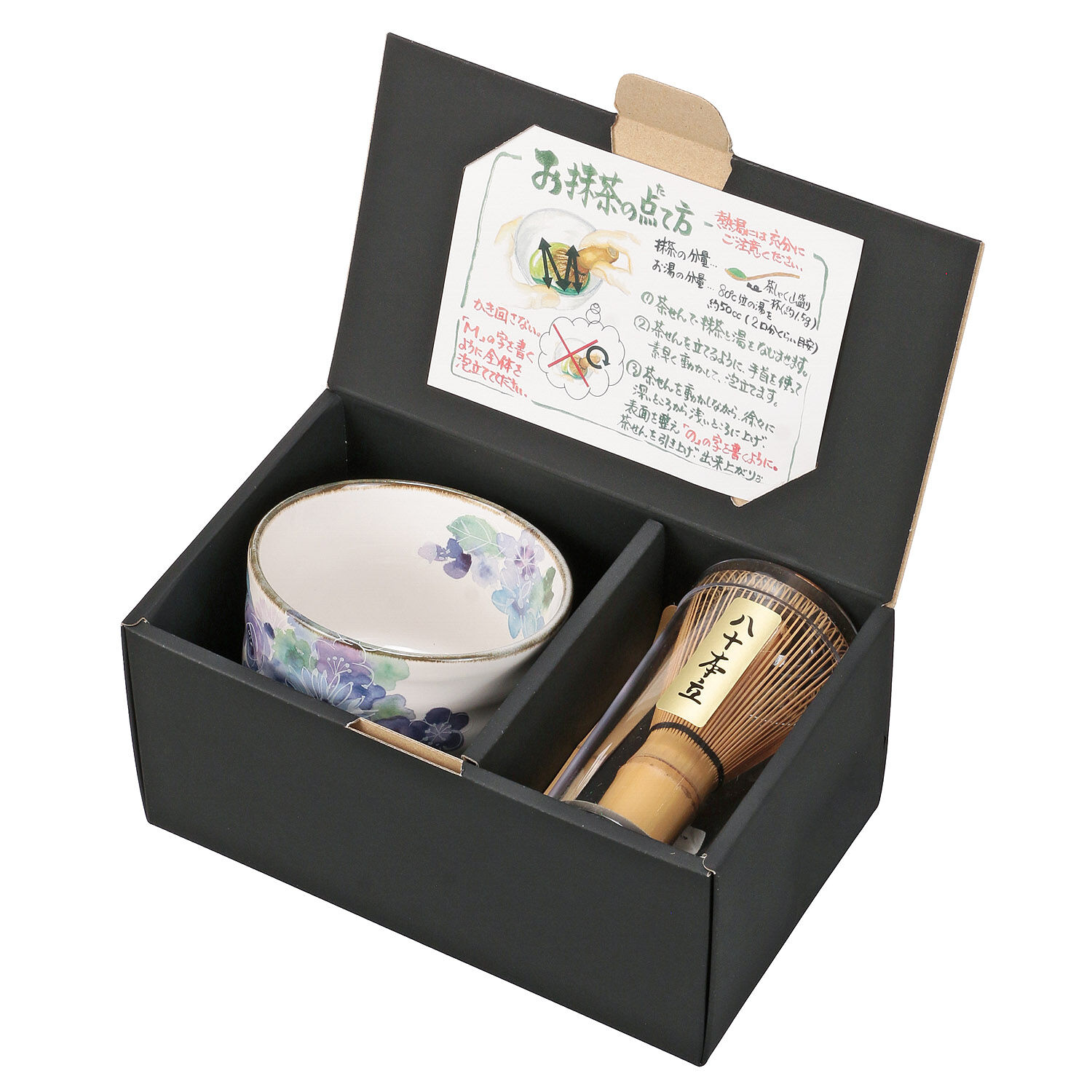 藍色花卉抹茶碗套組 花工房 美濃燒 附茶筅茶杓 日本製|抹茶セット 花工房 ブルー