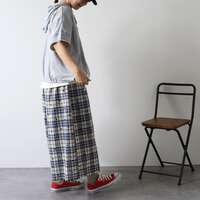 提花格紋點點印花打褶喇叭褲 九分褲長腰圍64〜77cm cloudnine｜ジャガードチェック×ドットpt9分丈 タック入りフレアパンツ