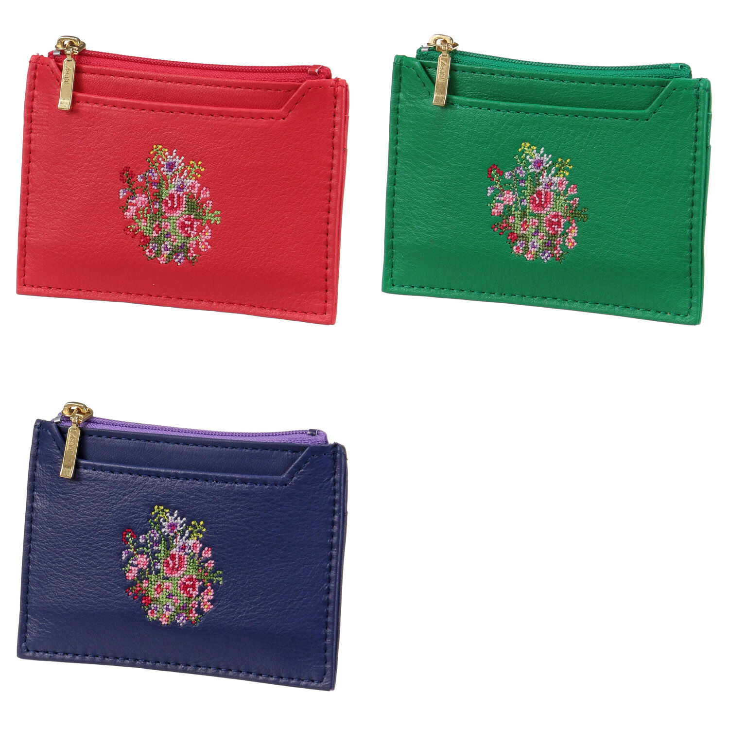 夢詩集 野花刺繡牛皮卡片零錢包 拉鍊 21g 日本製 6色｜【日本製】 夢詩集 コンパクトウォレット