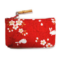 櫻花兔子 拉鍊零錢包 竹珠吊飾 棉布 11×6cm 日本製 3色｜桜うさぎ 竹玉付ファスナー小銭入れ