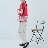 純棉平針拼接格紋條紋蝙蝠袖短袖上衣 胸圍138cm cloudnine｜コットンSZ天竺×布帛柄アソートドルマン半袖カットソー
