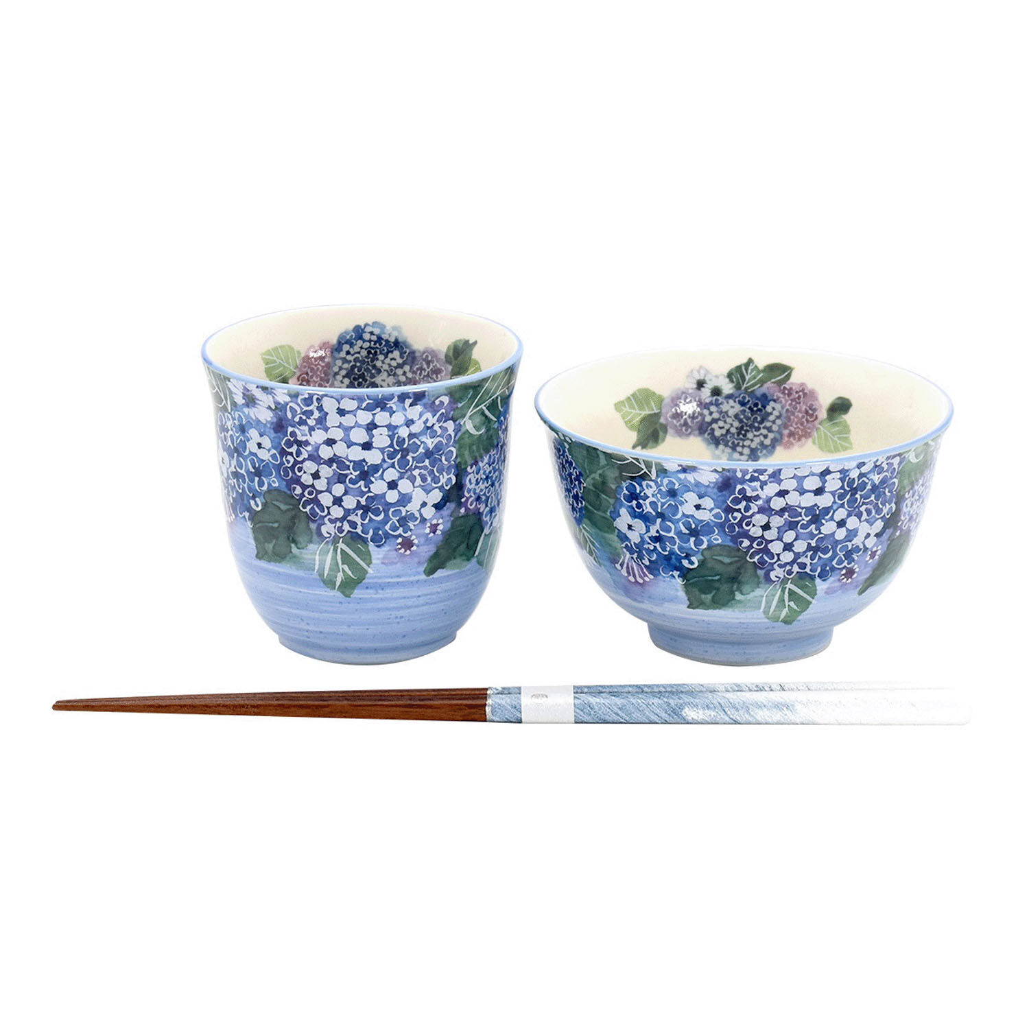 美濃燒繡球花飯碗湯杯禮盒 附若狹塗筷 一人份 日本製|花あわせ 飯碗湯呑 アジサイ(若狭塗箸付)