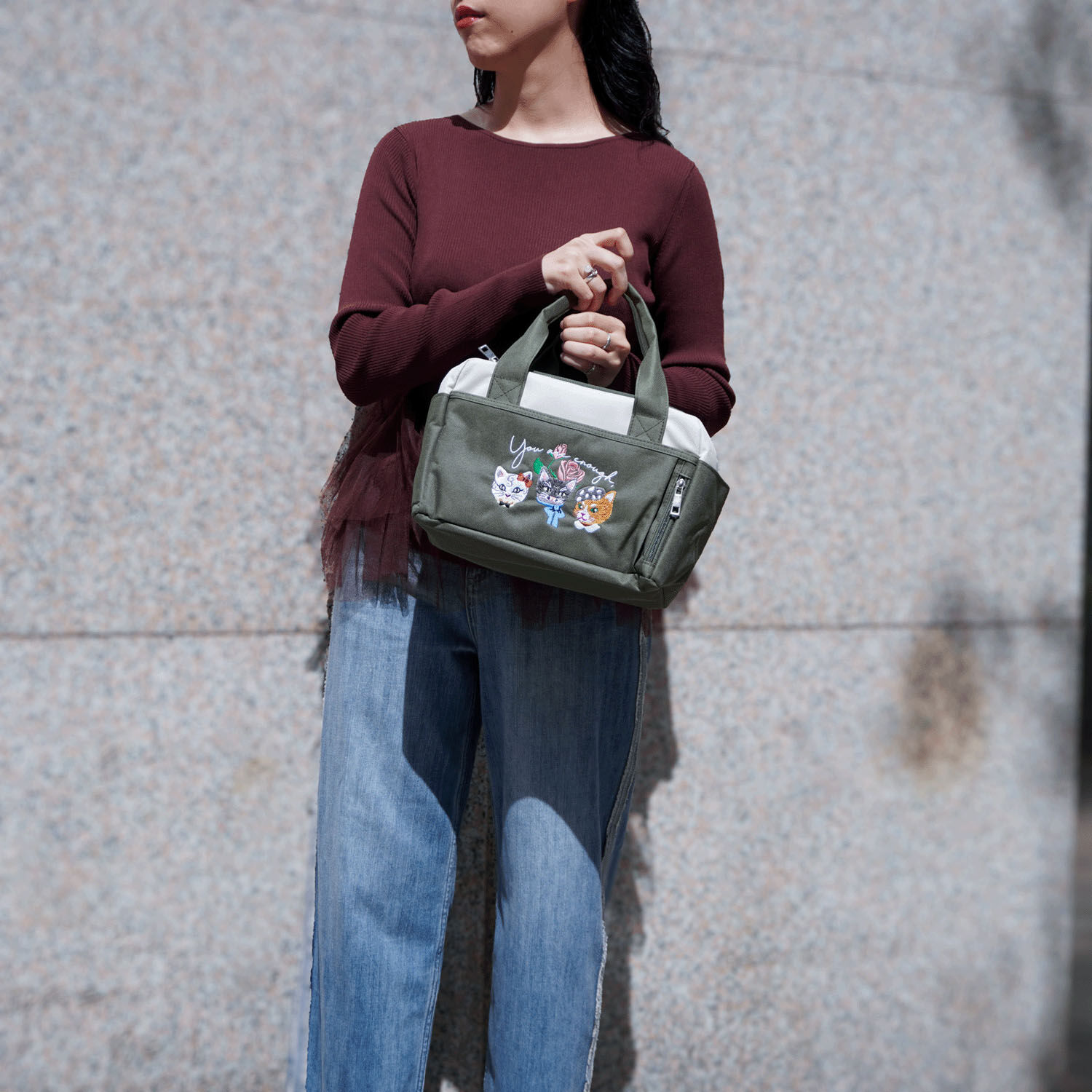貓咪刺繡 BOX型保冷保溫午餐袋 500ml瓶可直立 2色｜ネコ刺繍保冷保温BOX型ランチバッグ