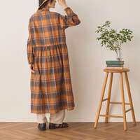秋色純棉多臂織格紋腰間抽褶前開襯衫洋裝 衣長120cm cloudnine｜コットンドビーチェック柄 前開きワンピース