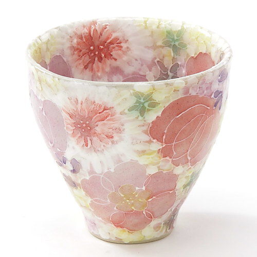 瀨戶燒手繪花卉湯杯 淡紅彩繪花 圓潤好握 直徑8cm|薄紅色絵花 湯呑
