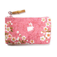 櫻花兔子 拉鍊零錢包 竹珠吊飾 棉布 11×6cm 日本製 3色｜桜うさぎ 竹玉付ファスナー小銭入れ