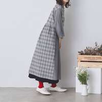 先染純棉水洗加工素色拼接格紋長版洋裝 衣長115cm cloudnine｜先染めコットン布帛 無地×チェック柄 切替コンビワンピース
