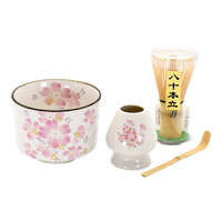 美濃燒抹茶碗4件組 華祭 四季花卉 附茶筅茶杓定型架｜抹茶4点セット華まつり