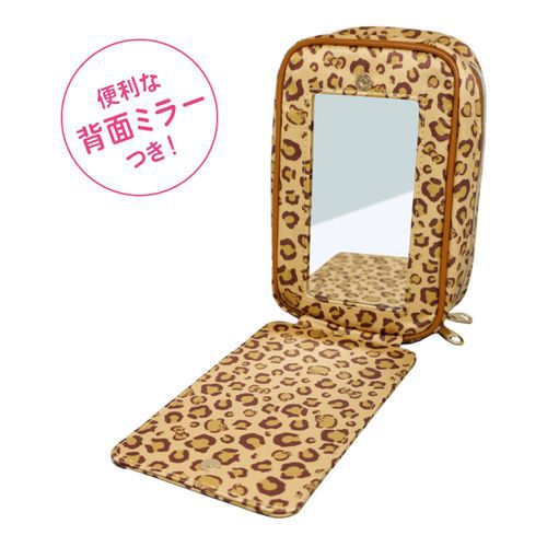 三麗鷗凱蒂貓豹紋直立式化妝包 背面附鏡好補妝 大開口好取物｜サンリオ ハローキティ ヒョウ柄 スタンドメイクポーチ
