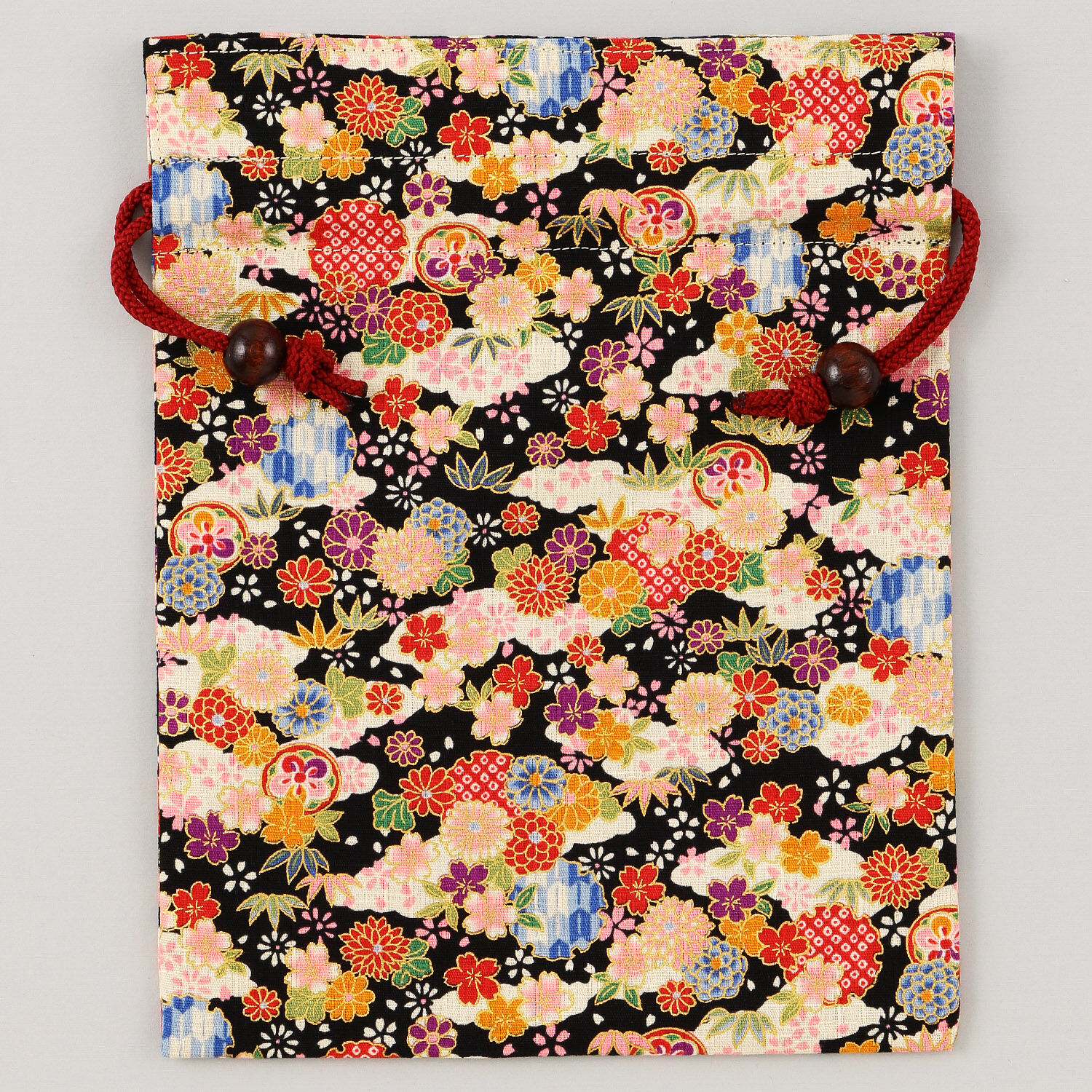 千代紙花紋 和風平束口袋 18.5×24cm 日本製|平巾着 ミニ千代紙