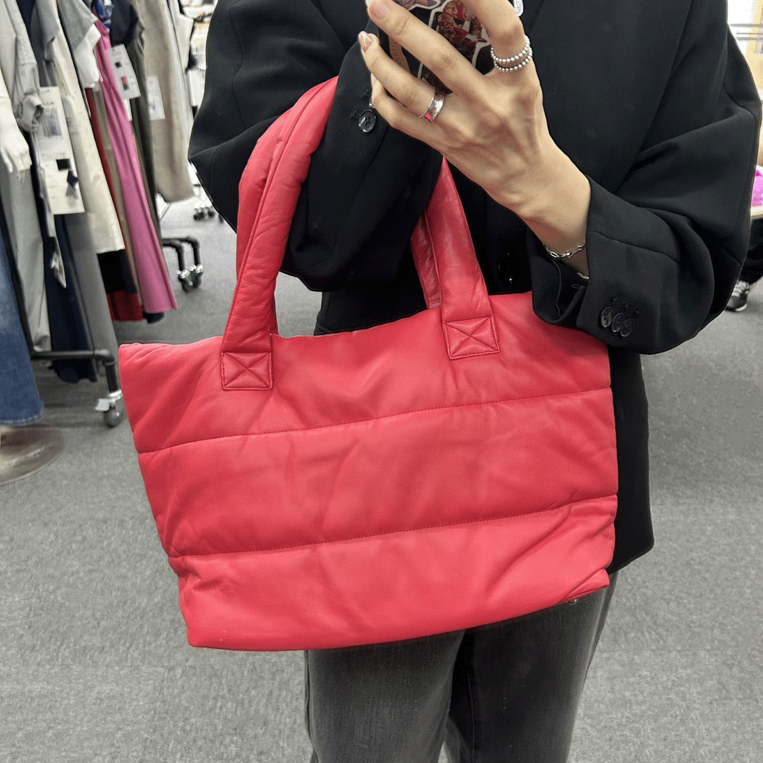 小羊皮絎縫手提包 蓬鬆格紋 45×25cm 26AW 4色｜ラムレザーキルティングバッグ