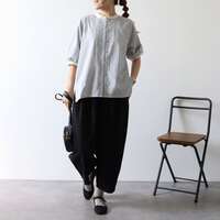 純棉水洗條紋拼素色連肩袖前開襟襯衫 衣長前63後68cm cloudnine｜コットン布帛ストライプ柄アソートラグラン袖 前あきブラウス