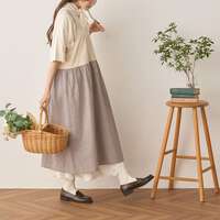 滿版花朵刺繡棉麻小格紋拼接抓褶連身圍裙 衣長116cm cloudnine｜チェック切替え刺繍ワンピースエプロン