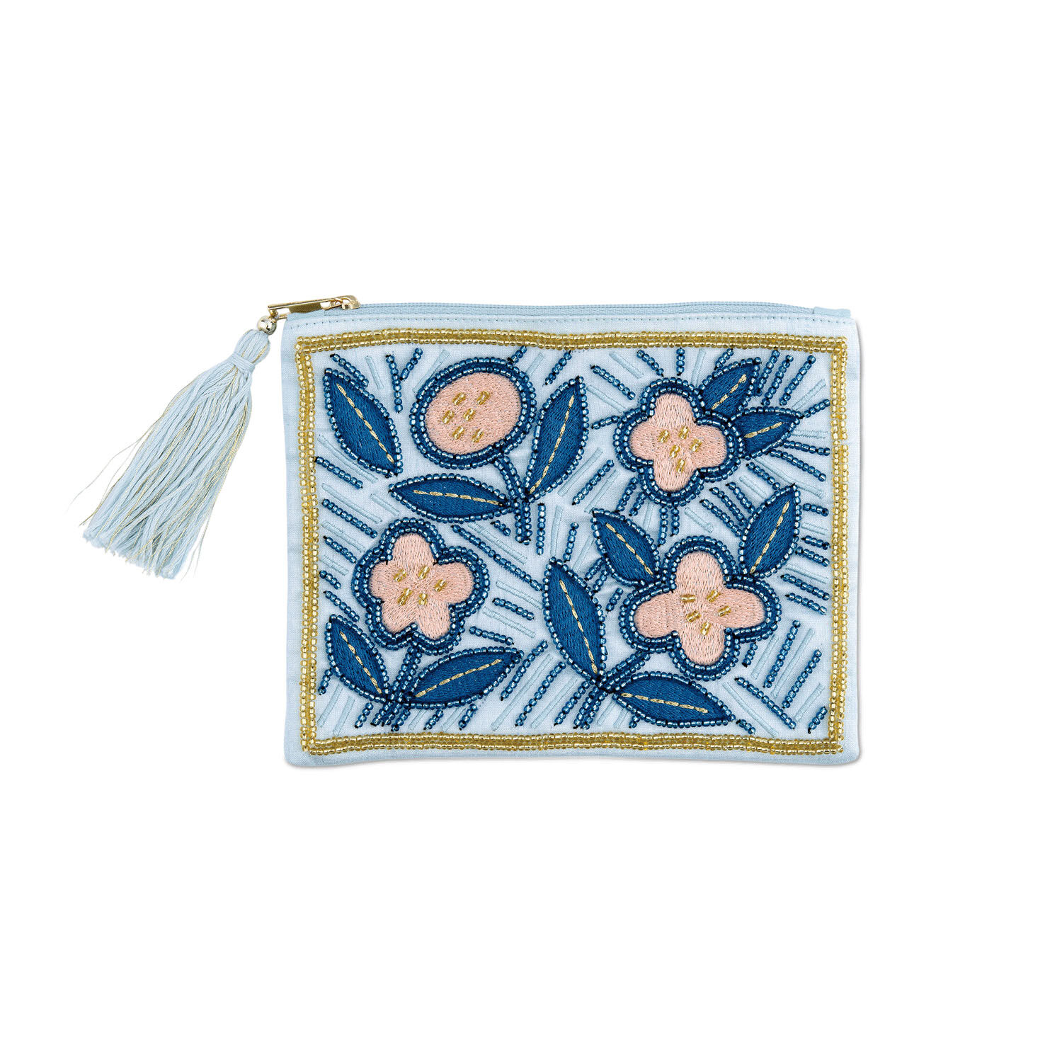 印度ザリ刺繡 北歐花朵收納包 珠飾金線 19×14cm 6色｜刺繍ポーチ