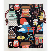 日本名勝平面束口袋 棉100% 18.5×24cm 日本製 白／黑｜平巾着 日本名所柄