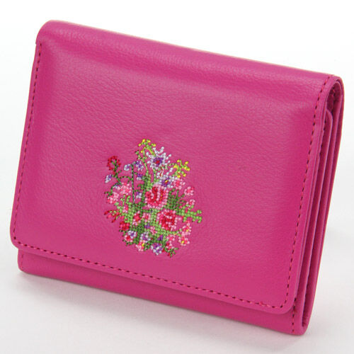 夢詩集 野花刺繡迷你短夾 內開放零錢袋 牛皮 日本製 6色｜【日本製】夢詩集 中オープンポケット札入