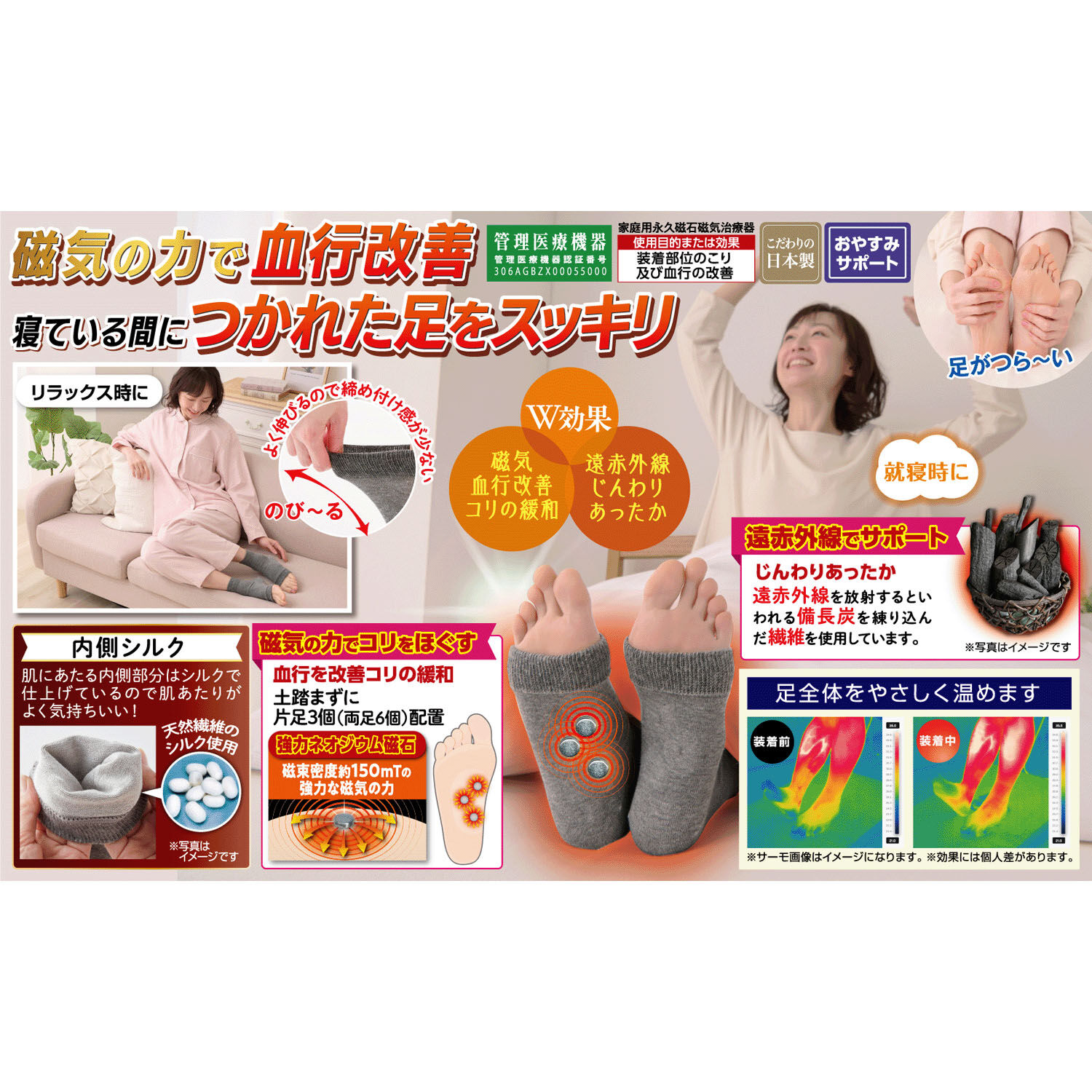 真絲備長炭足底套 一雙入 單腳3顆磁石共6顆 麻花灰|遠赤シルク磁気足裏サポーター 1足 杢グレー