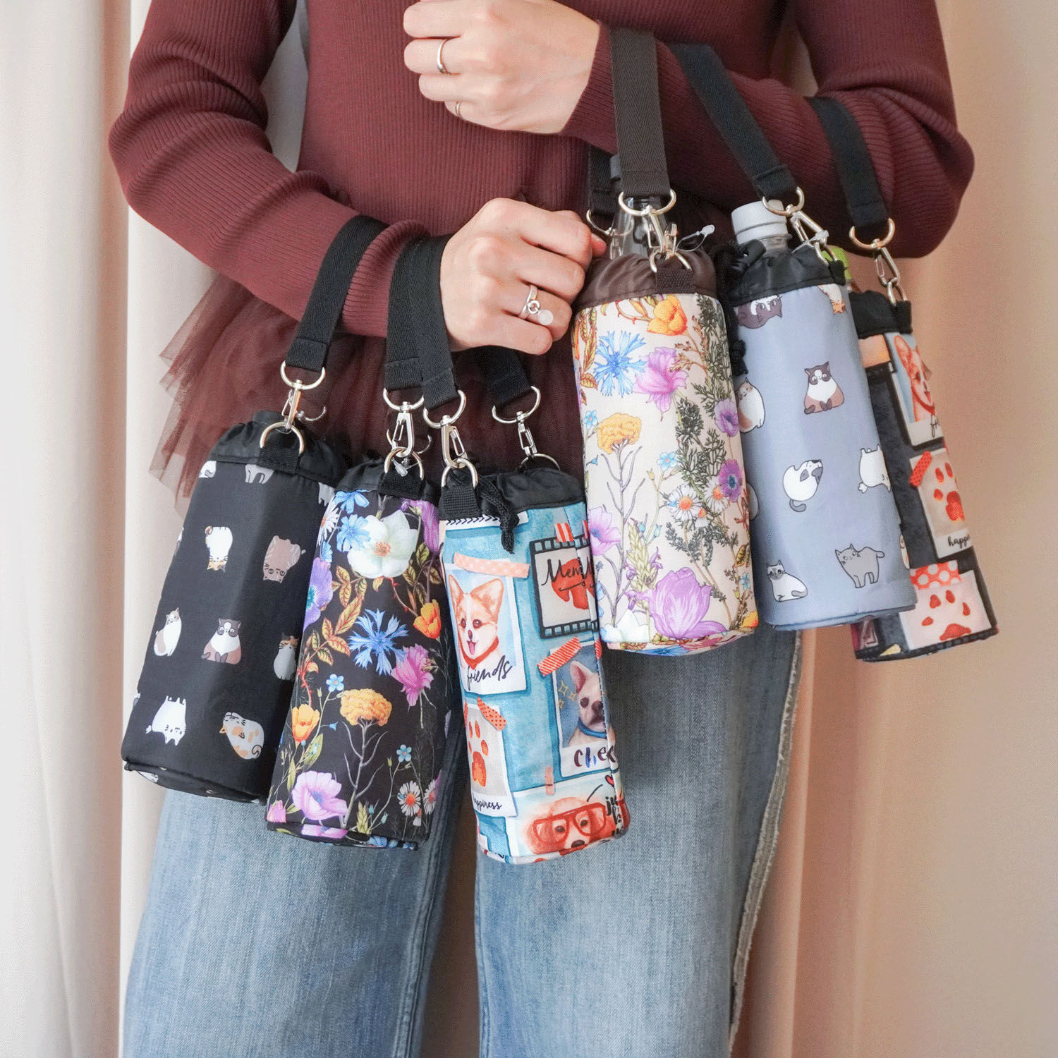 寶特瓶保冷保溫套 附斜背帶 掛勾提把 貓狗花卉 6款｜保冷保温ショルダー紐付きペットボトルホルダー